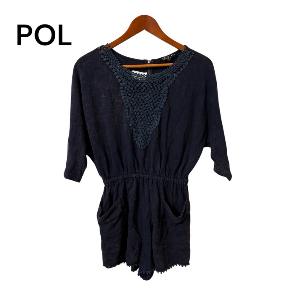 New POL Black Label Navy Romper with Crochet Accents Acid Washed